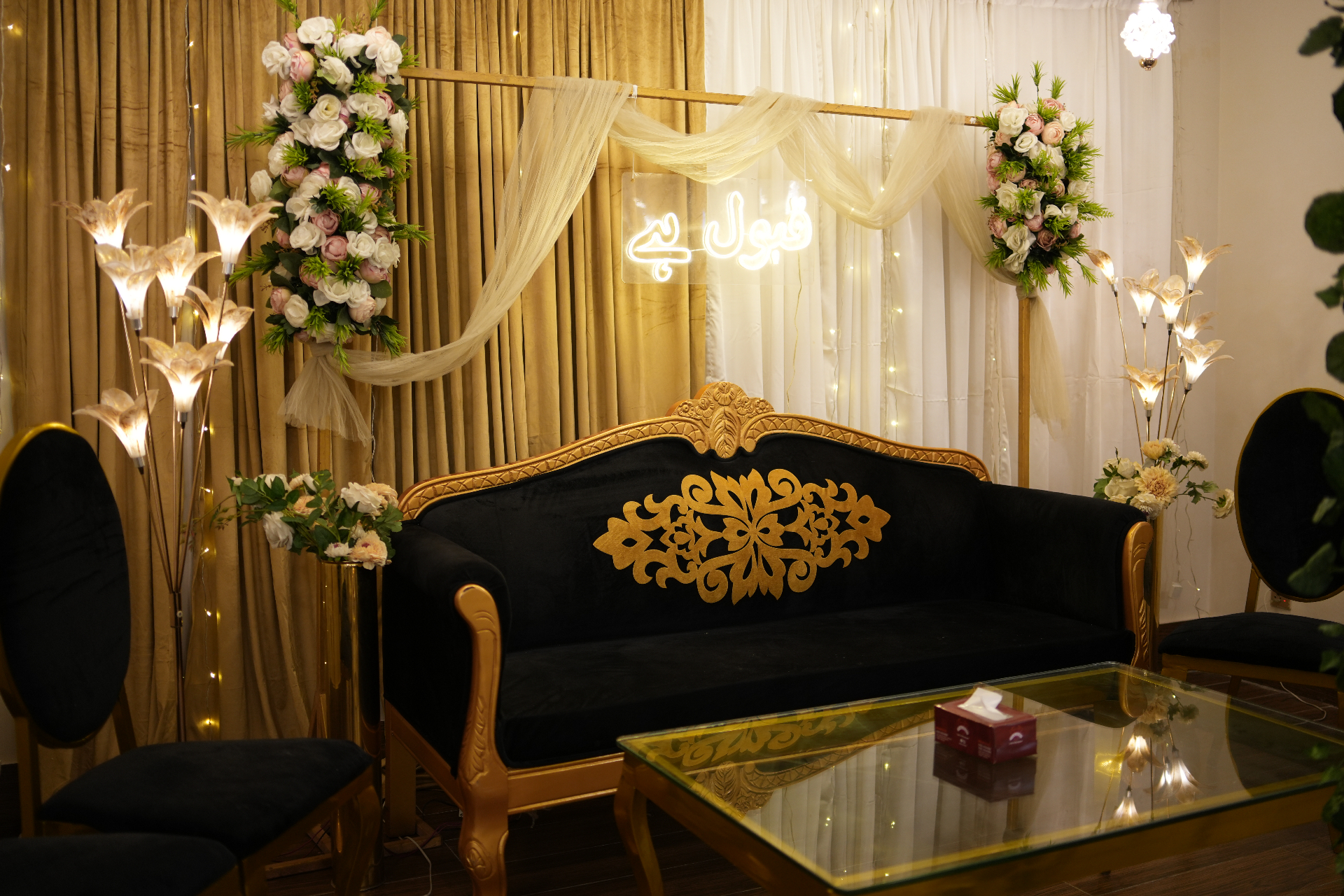 Steak Studio private event hall with floral décor and gold accents
